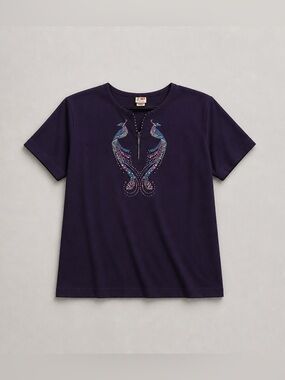 Cactus Navy Tee with Rhinestone Peacock Motif